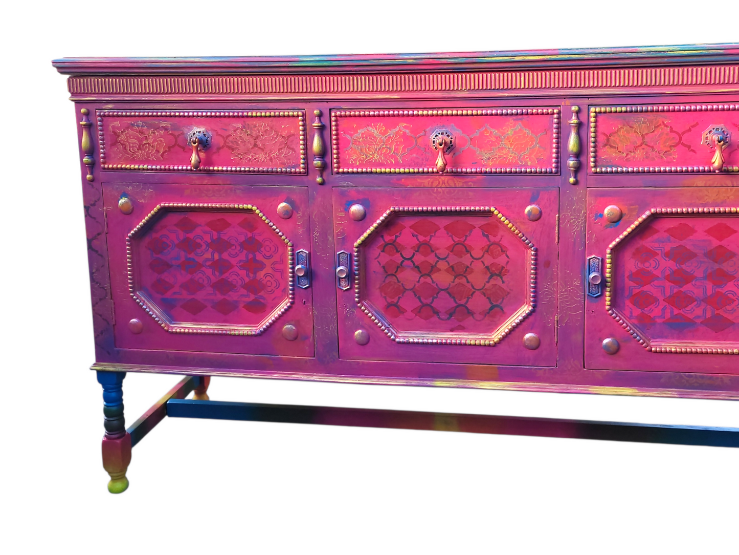 Boho Statement Cabinet. Hand Painted Vintage Sideboard. Colourful One of a Kind Furniture.