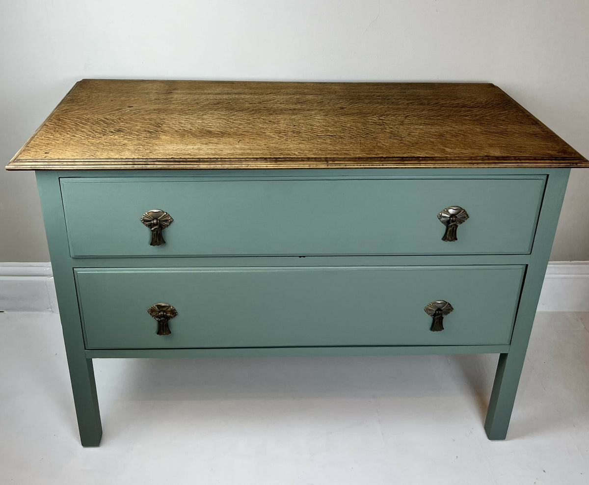 Vintage Chest of Drawers Stripped Oak Top Art Sage Green Upcycled Compact Size