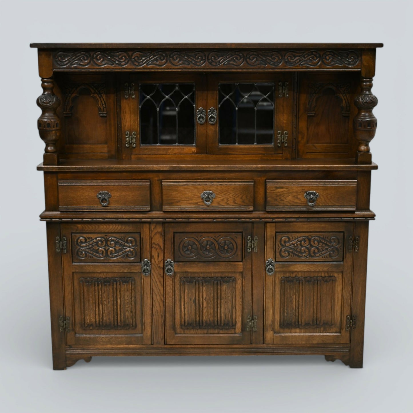 Old Charm Gothic Court Cupboard Buffett Sideboard Light Oak FREE UK Delivery.