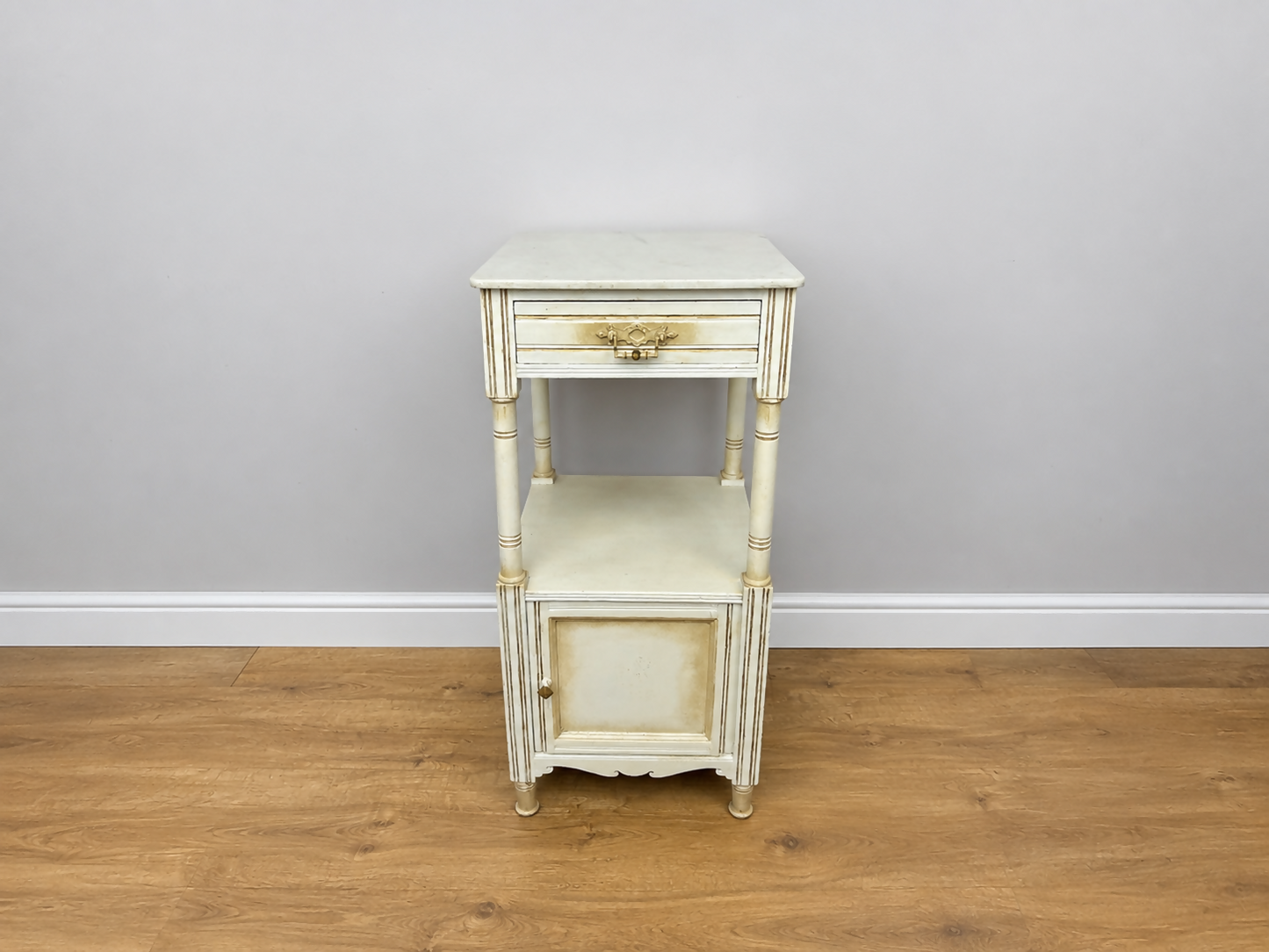 Bedside Table Antique French Style Marble Top Oak Cabinet Nightstand LOT 6224