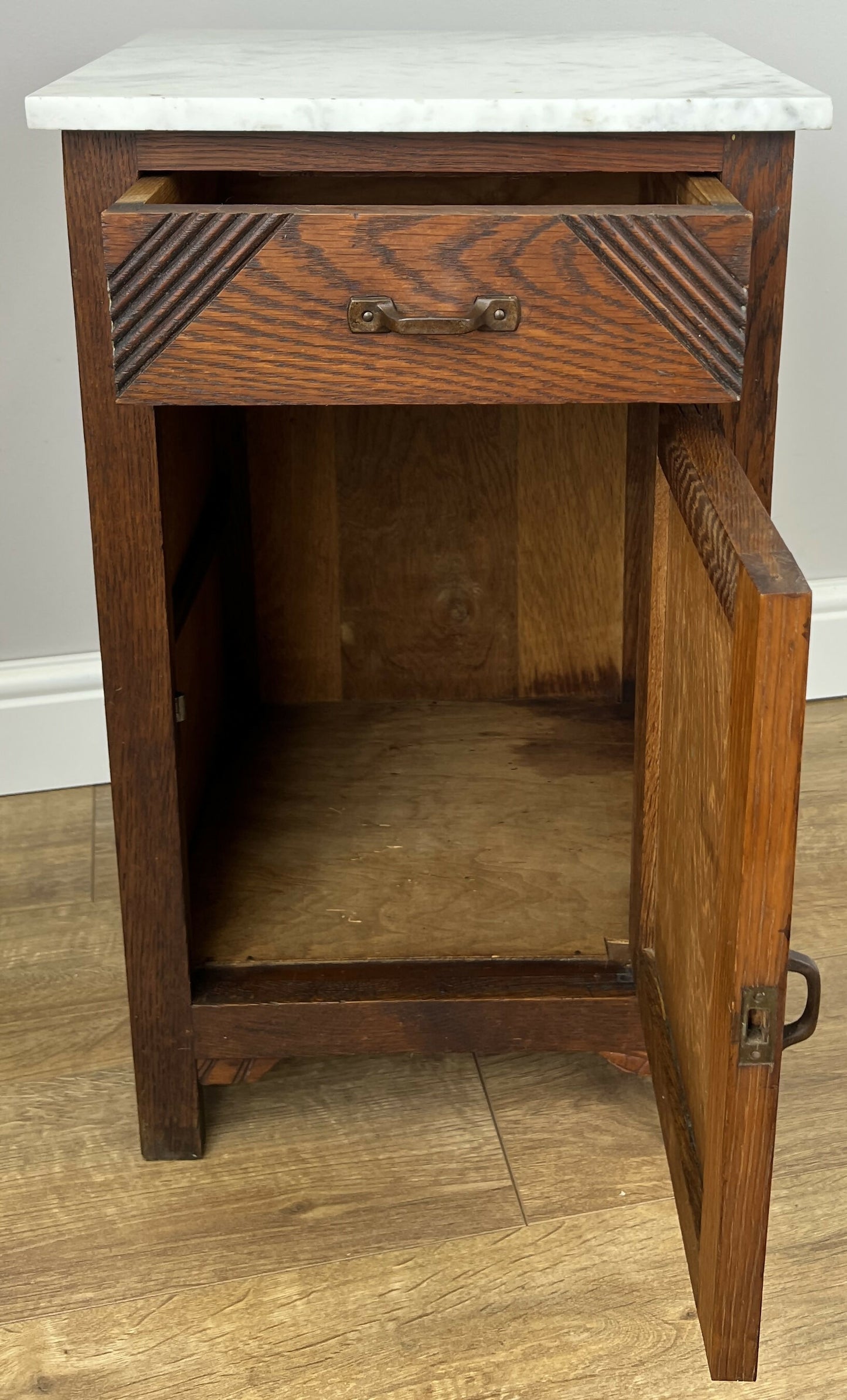 Bedside Table Antique French Marble Top Oak Cabinet Carved Cupboard LOT 6200