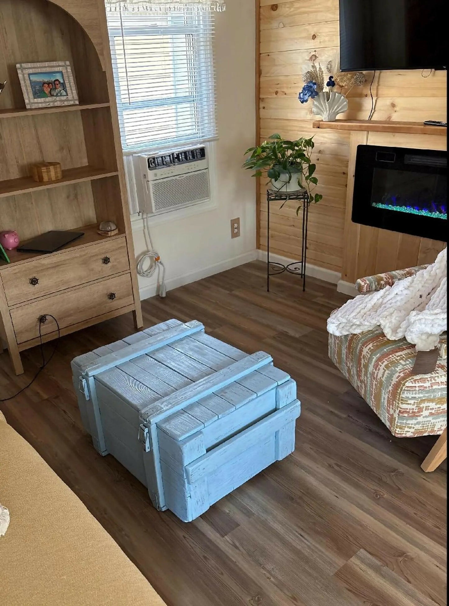 Pastel Blue Vintage Military Chest Coffee Table – Reclaimed Solid Wood Army Trunk Storage Table, Rustic Farmhouse Coffee Table