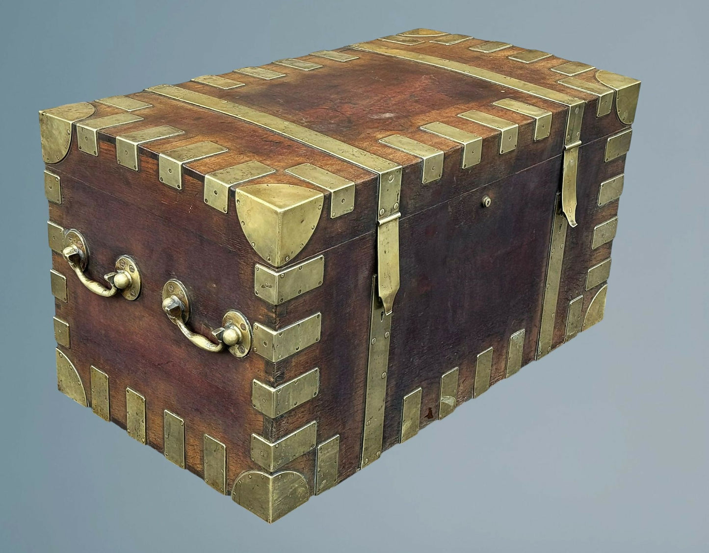 Large Antique Oak Brass Bound Silver or Plate Chest, Trunk