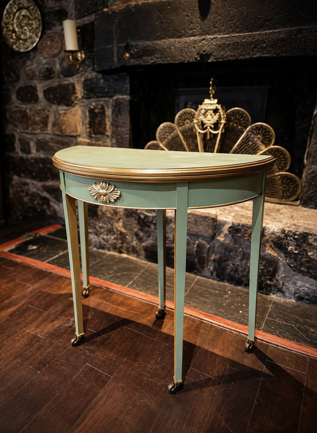 Georgian Demi-Lune Games/Card Table in Sage Green & Gold - Regency Style
