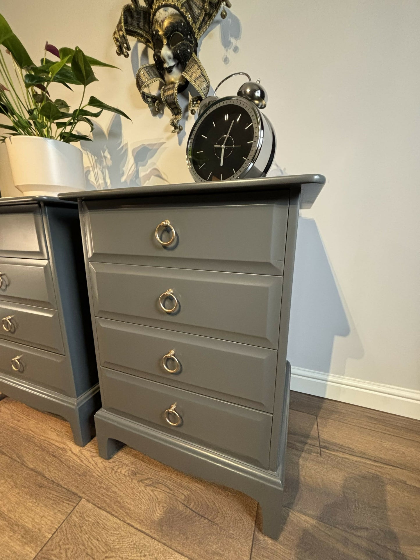 A Pair of Stag Minstrel Bedside Tables in Graphite Grey | Vintage Mid Century Nightstands
