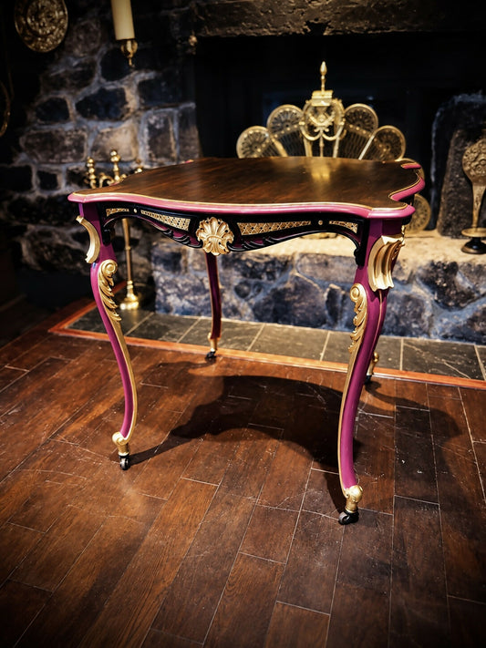 Vintage French Style Occasional Table In Burgundy & Gold Statement Accent
