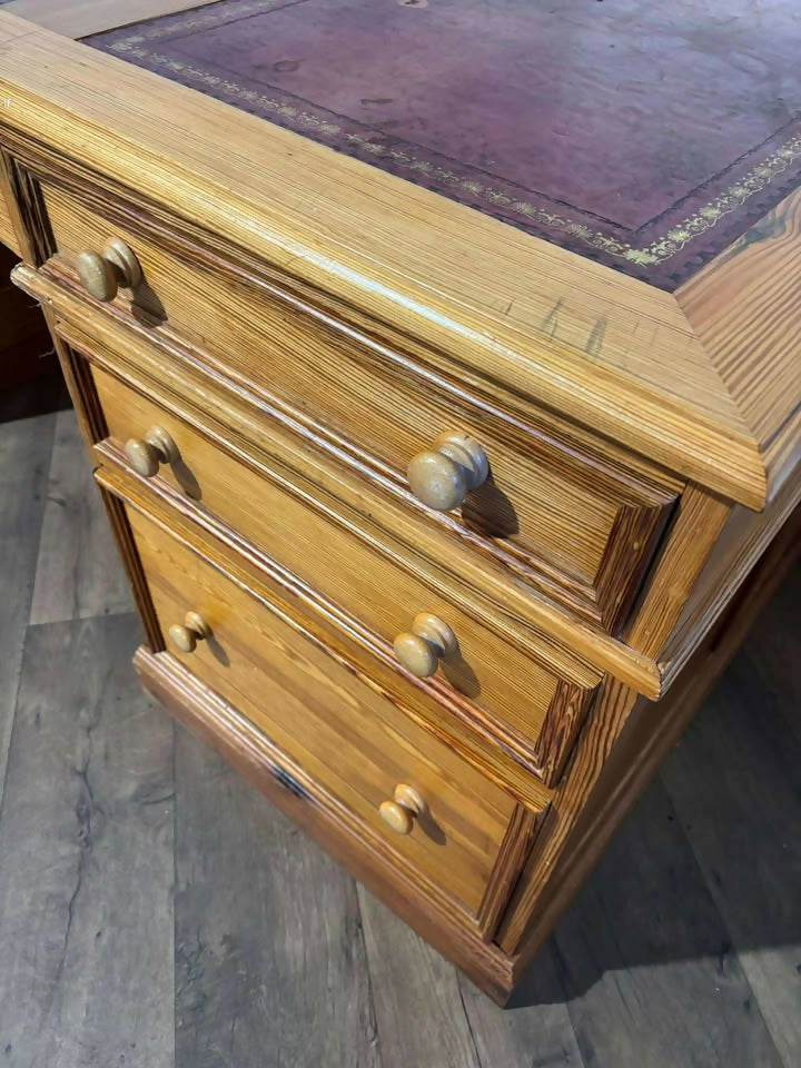 Large Leather Topped Pine Pedestal Desk