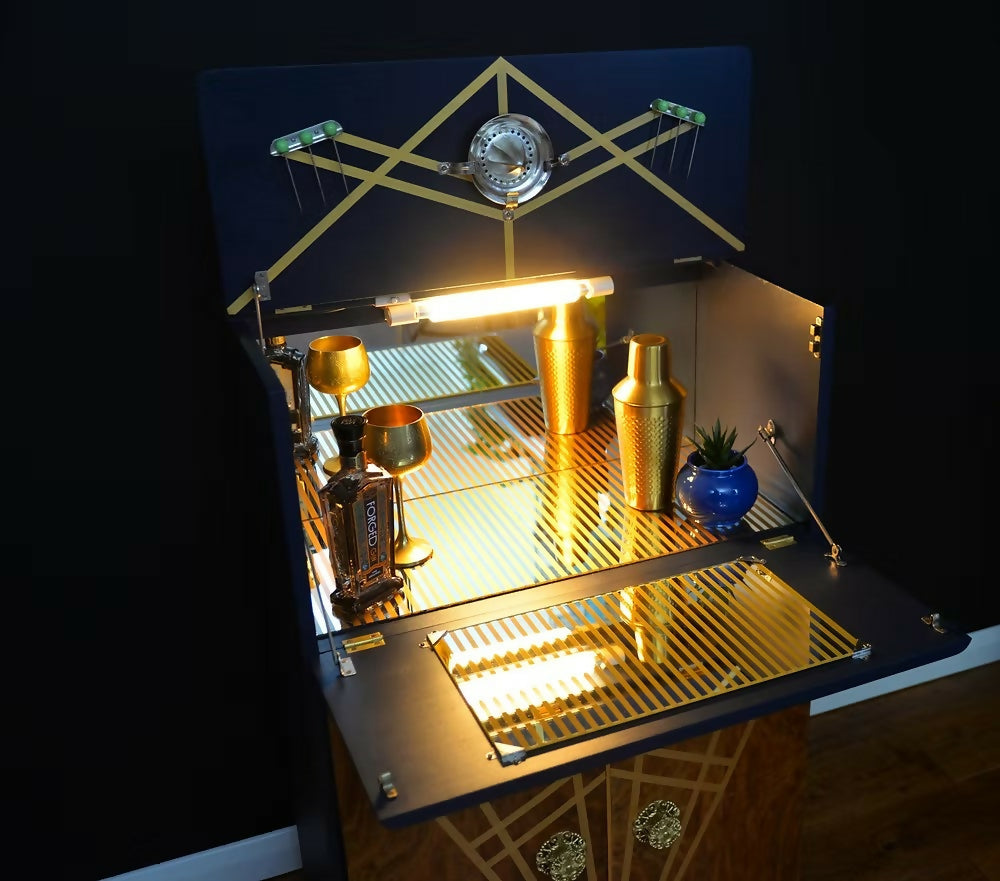 "Diamonte' Burr Walnut Cocktail Cabinet, Vintage 1950 Narrow Drinks Cocktail Cabinet