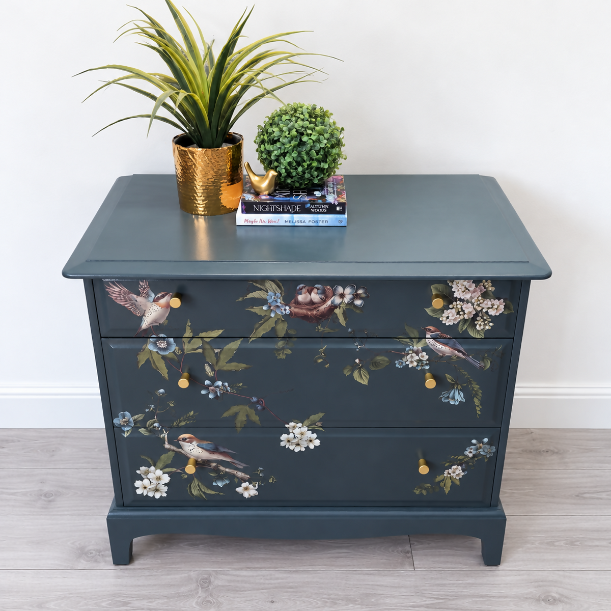 Vintage Stag Minstrel Chest of Drawers – Dark Grey with Botanical Bird Design