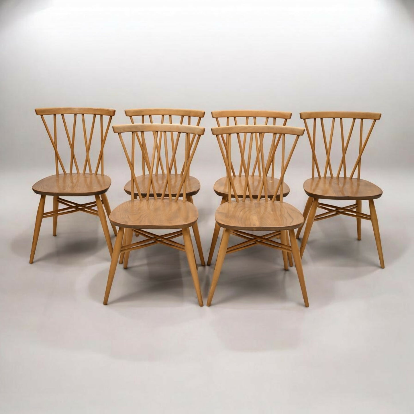 Set of 6 Vintage Ercol Candlestick Dining Chairs Blonde Elm Mid Century Retro