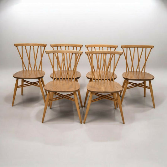 Set of 6 Vintage Ercol Candlestick Dining Chairs Blonde Elm Mid Century Retro