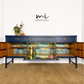 Refinished mid century Nathan sideboard drinks cabinet, navy blue with art deco chinoiserie inspired design, gold, cocktail, tv media unit
