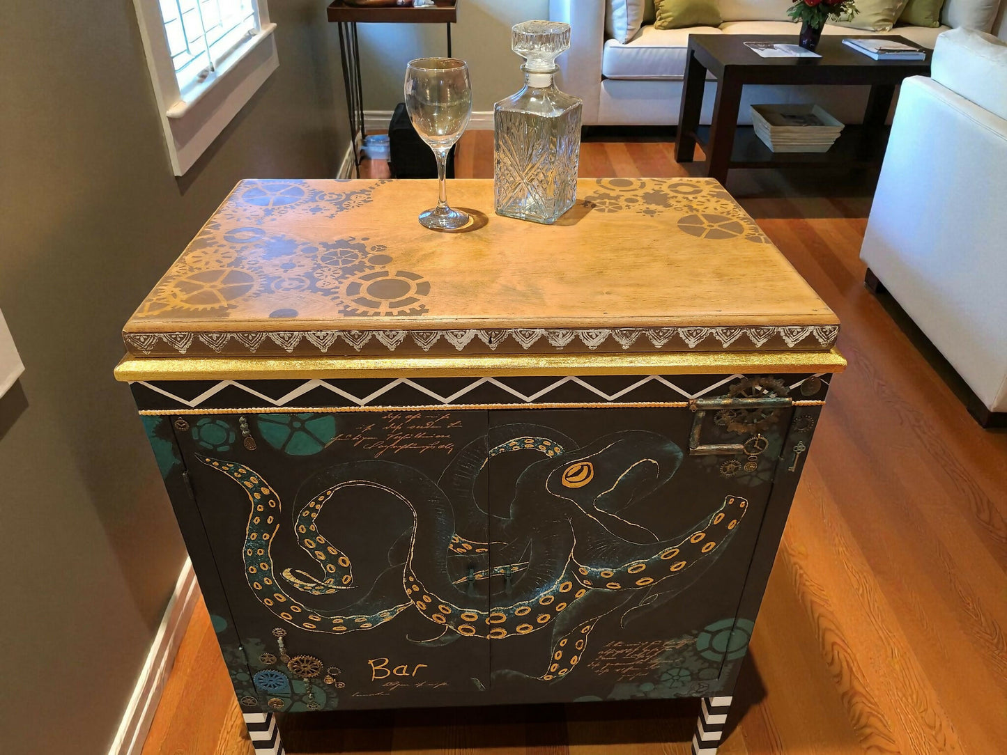 Quirky Steampunk Octopus Wine Bar, Cocktail Cabinet, Drinks Bar. Vintage, Solid Wood
