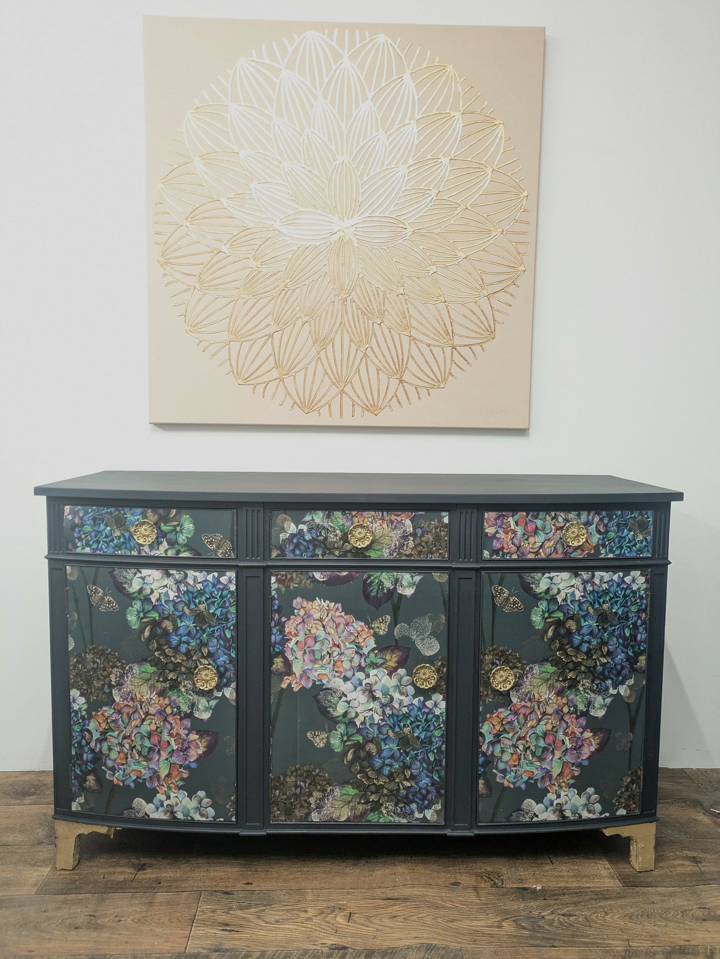 Vintage Curved Mahogany Sideboard Painted in Navy with Flower Butterfly Hydrangea Print