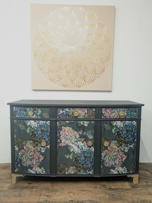 Vintage Curved Mahogany Sideboard Painted in Navy with Flower Butterfly Hydrangea Print
