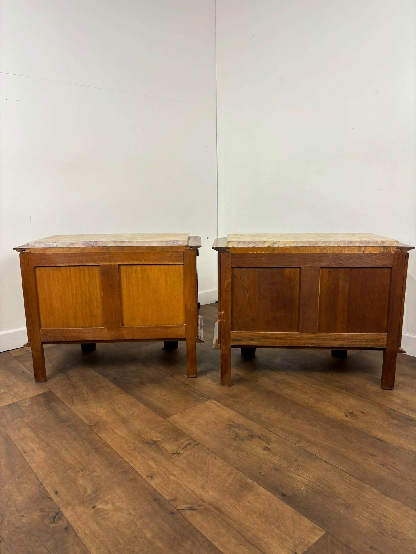 Pair of French Art Deco Oak Bedside Cabinets with Marble Tops