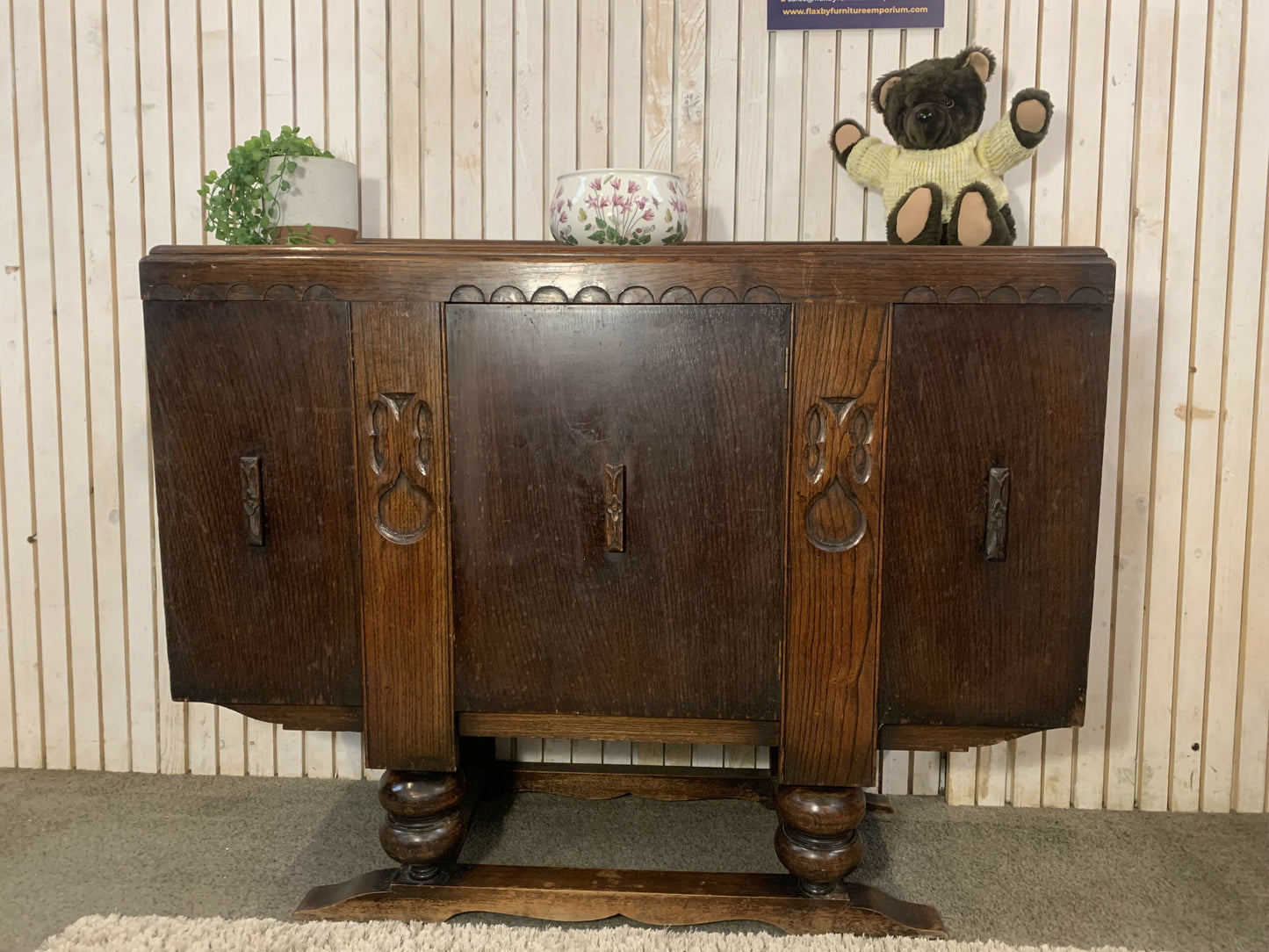Vintage Art Deco Carved Wood Cabinet Sideboard 3 Doors 2 Drawers