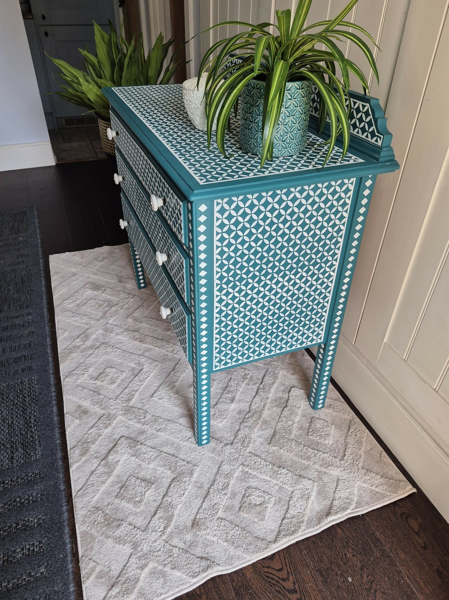 SOLD - Hand Painted Vintage Chest of Drawers: Hand-Stencilled Indian Inlay Inspired Furniture