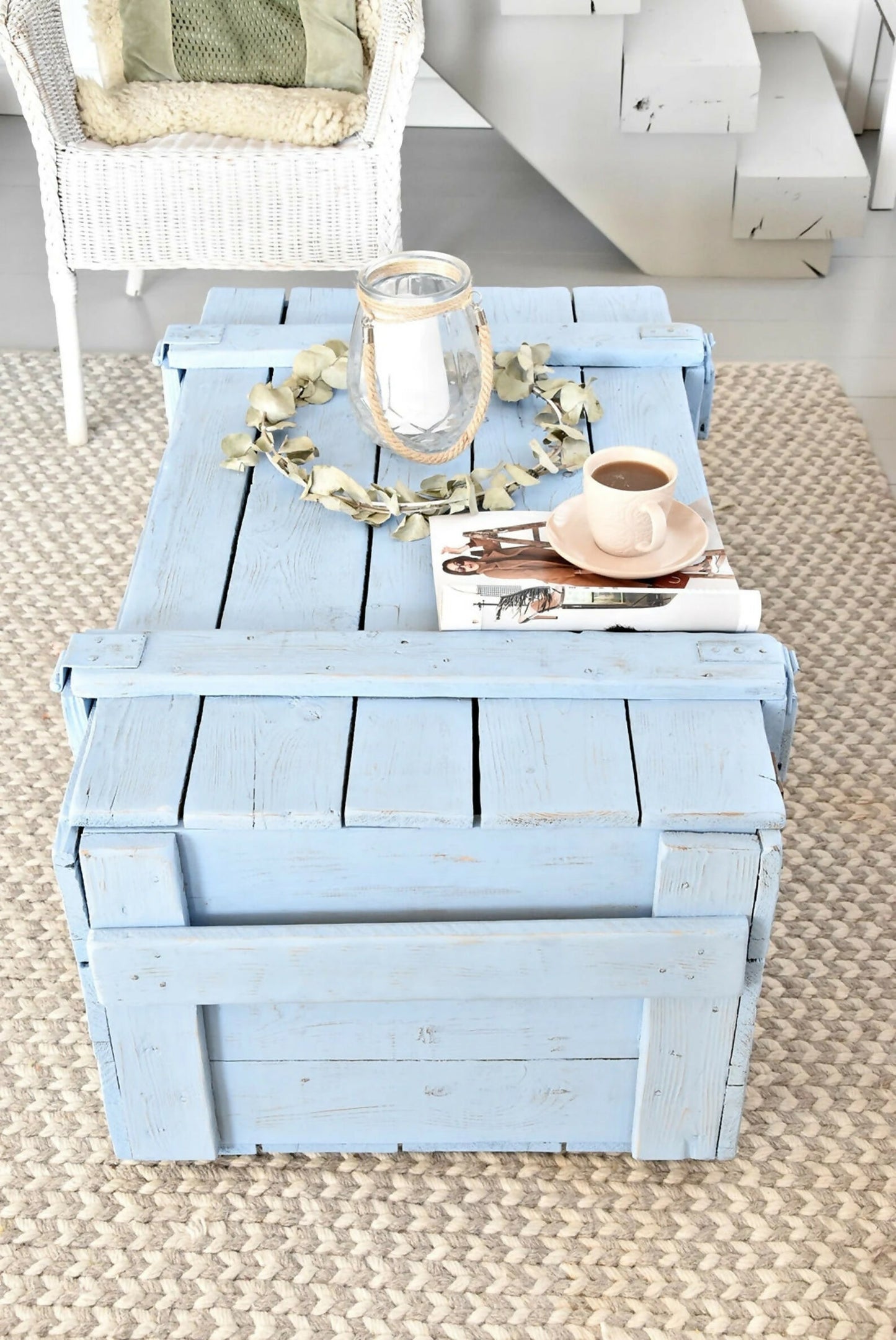 Pastel Blue Vintage Military Chest Coffee Table – Reclaimed Solid Wood Army Trunk Storage Table, Rustic Farmhouse Coffee Table