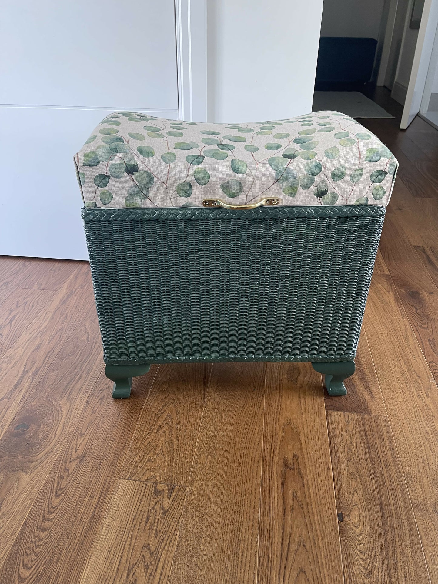 Mid century Lloyd loom style ottoman/padded storage stool. Green paint. Matching cotton top