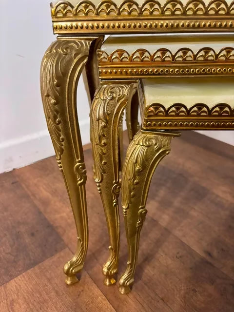 Mid-Century Italian Style Gilt Metal & Onyx Nest of Three Tables