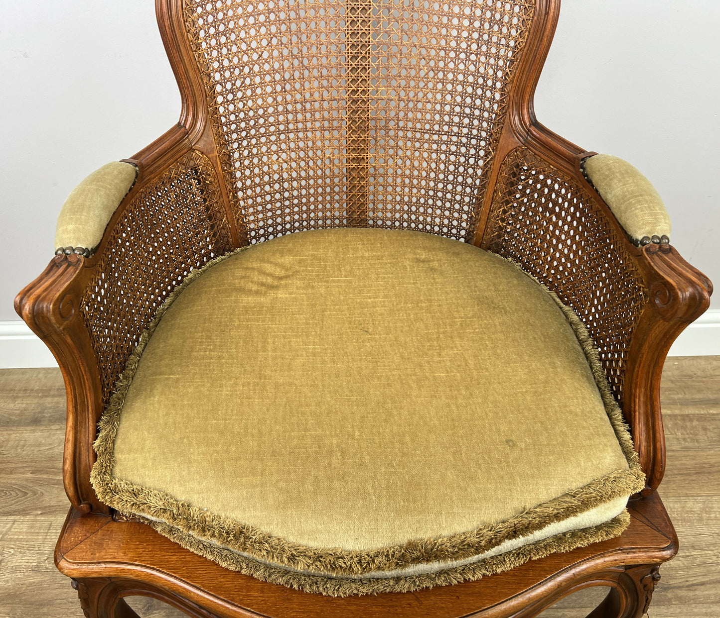 Armchair Vintage French Style Cane Upholstered Accent Carved Chair LOT 6311
