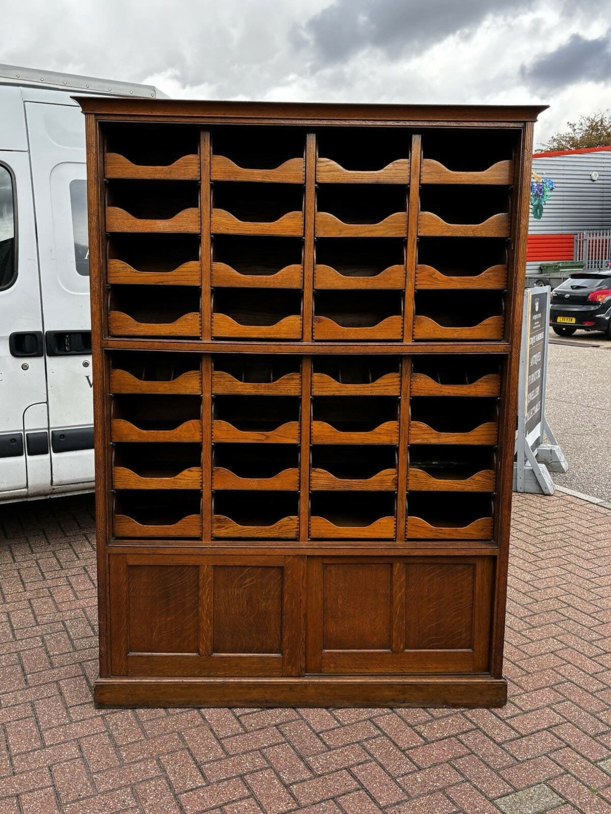 Edwardian Oak Haberdashery Cabinet With 32 Pull Out Drawers. Cupboards Below.