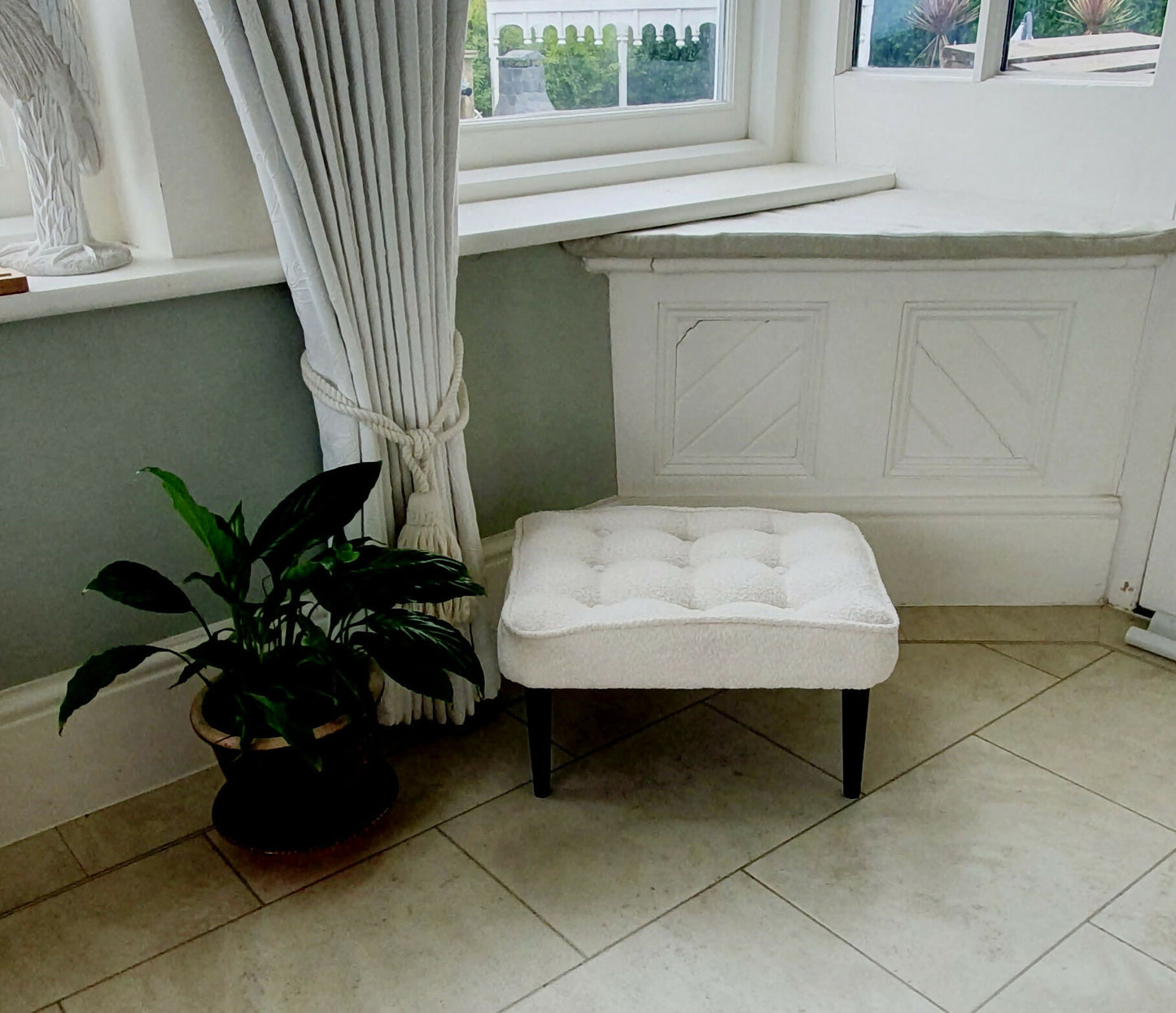 Footstool. Reupholstered, Fully Restored. Mid-century in origin. Boucle