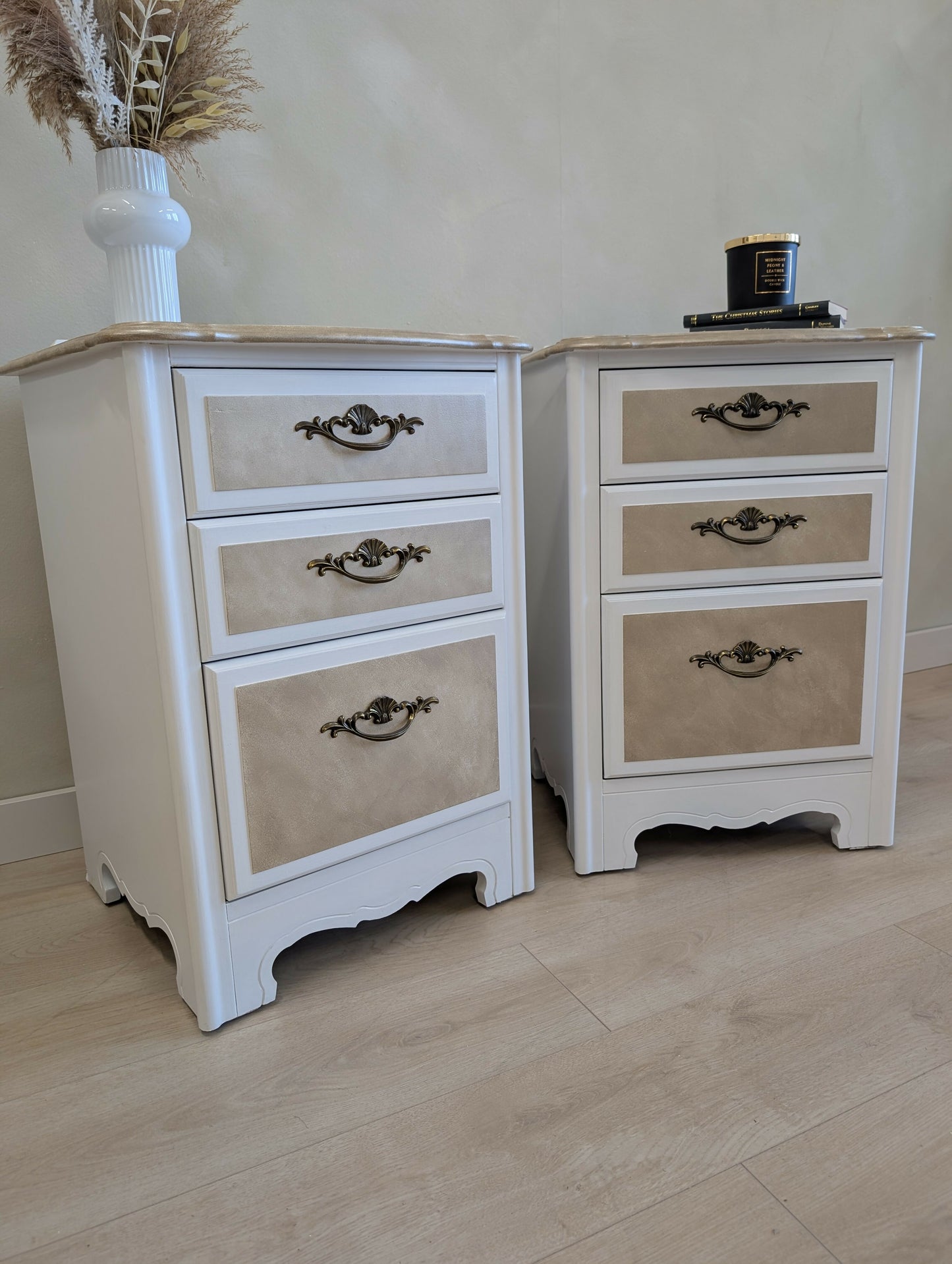 Pair of Vintage Bedside Cabinets in White with Metallic Champagne Detailing