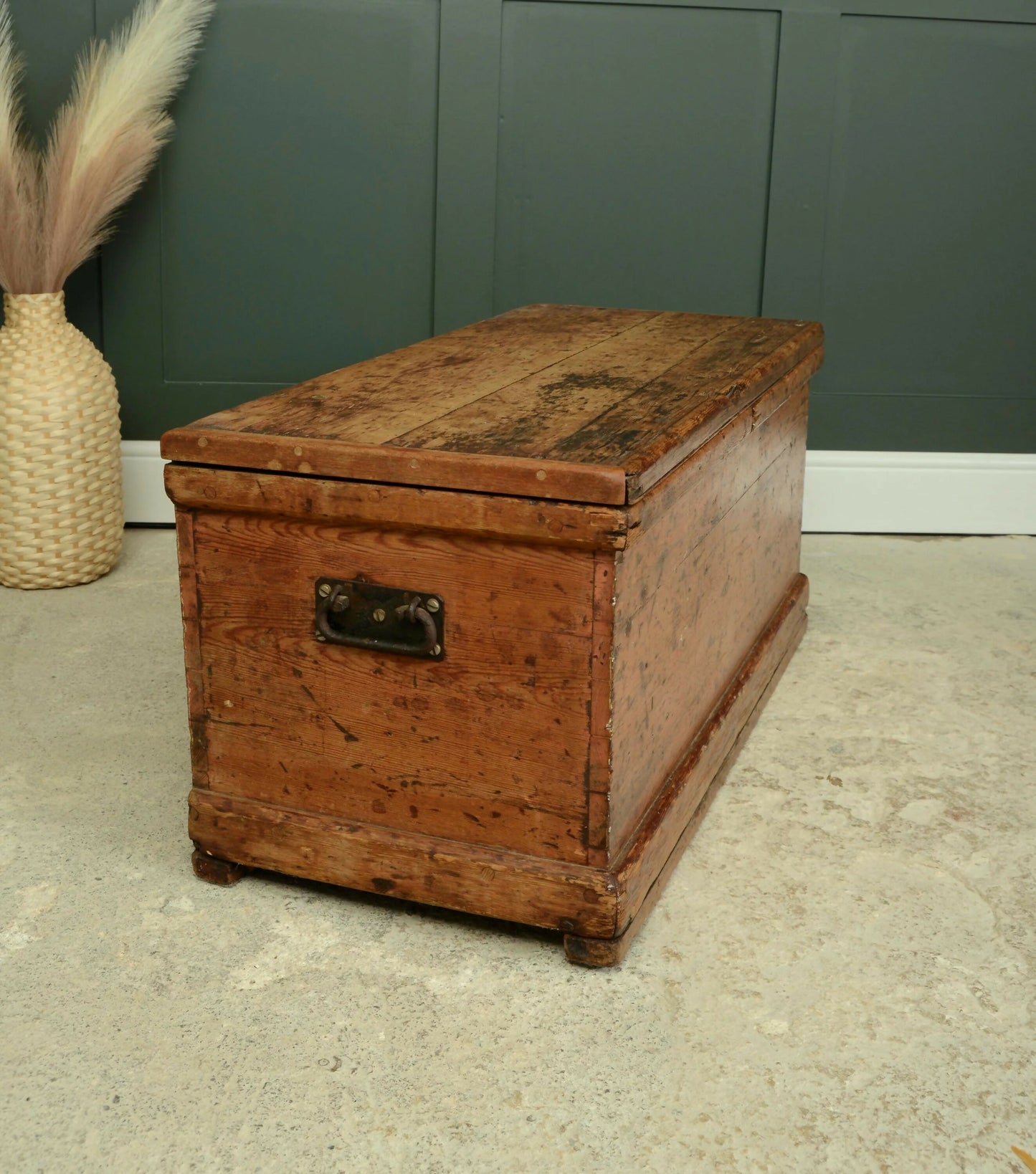 Antique Pine Trunk Box - Toy Chest - Hall Storage - Blanket Box Painted Ship