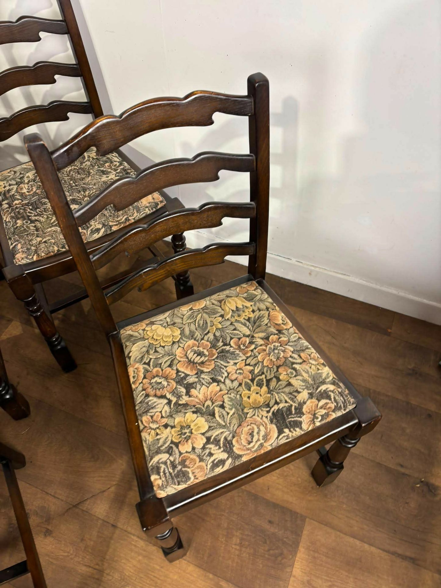 Vintage Set of Seven Oak Ladder Back Dining Chairs Including Carver Chair