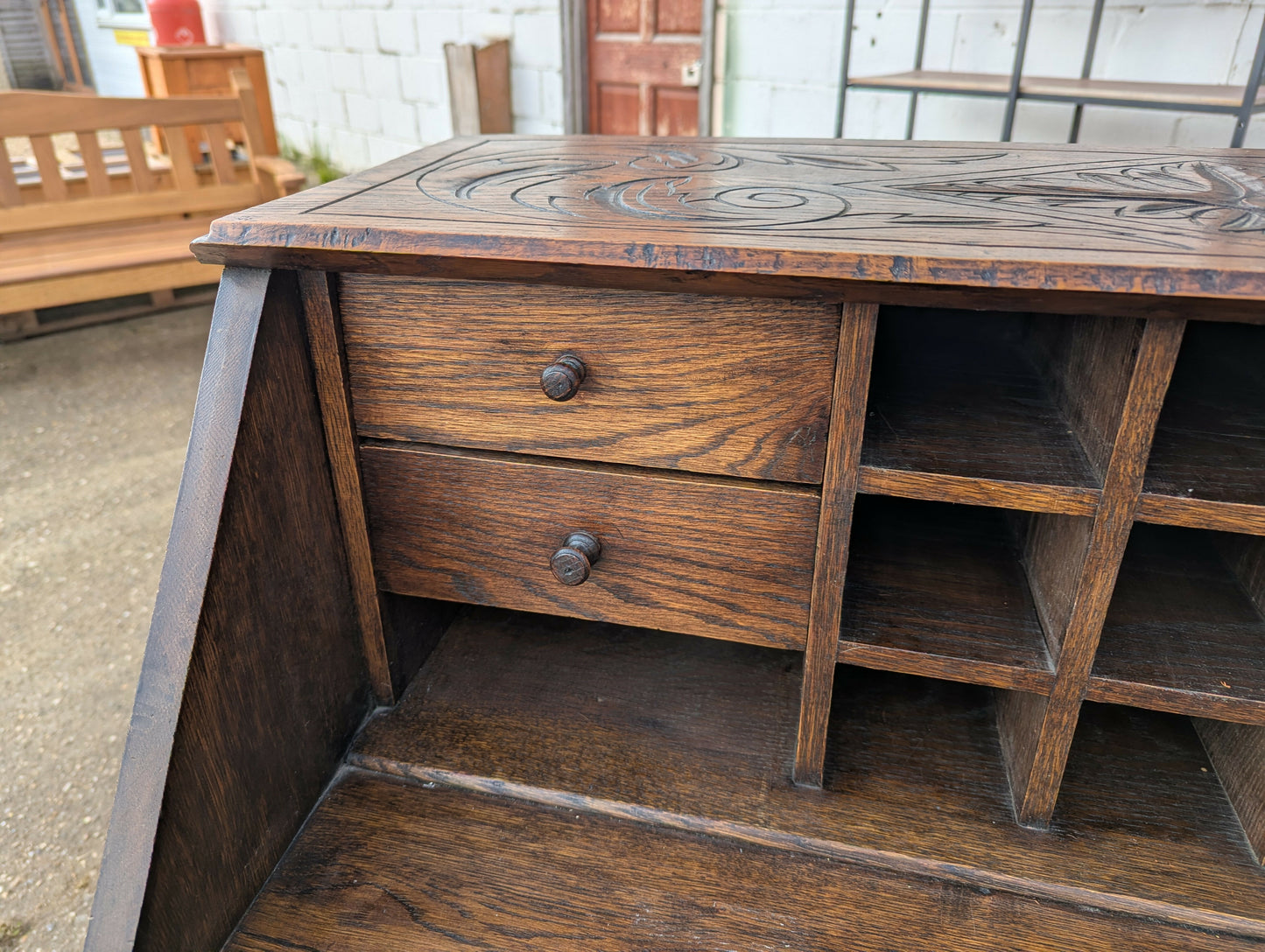 Antique Victorian tudor oak hand carved green man bureau dest chest drawers in