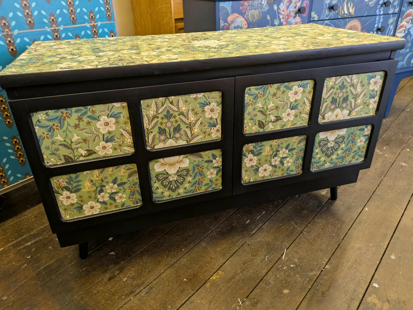 Mid Century Retro Nathan Sideboard on Black Floral Print Sold Message Commission