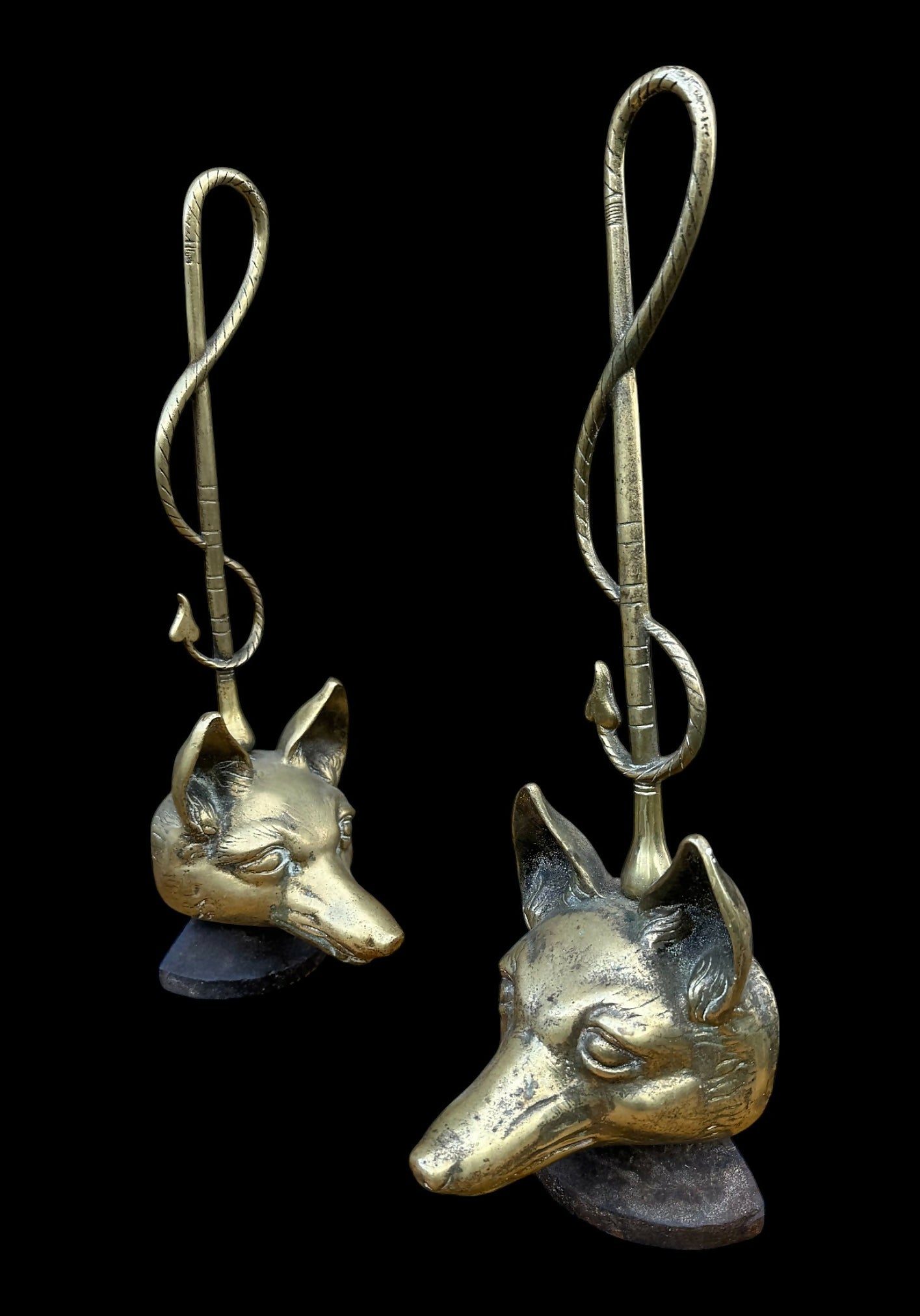Pair of Antique Brass Fox Head Door Porters or Door Stops