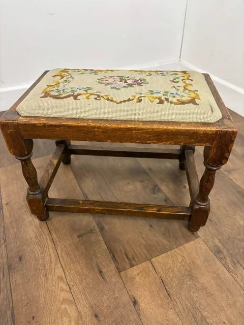 Vintage Oak Stool with Embroidered Pad