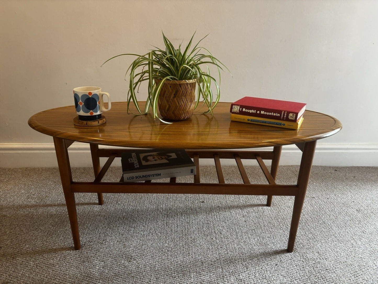 Vintage Oval Coffee Table with Magazine Rack – Mid Century Modern Laminate Wood