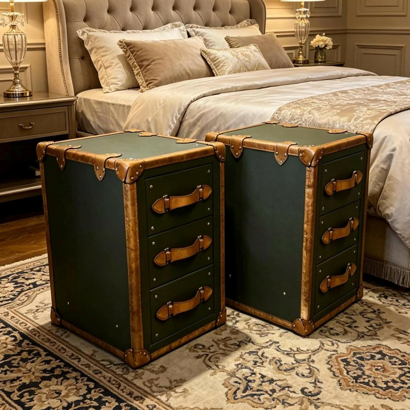 English luxury leather vintage nightstands | Olive green matching bedside tables | Hand dyed
