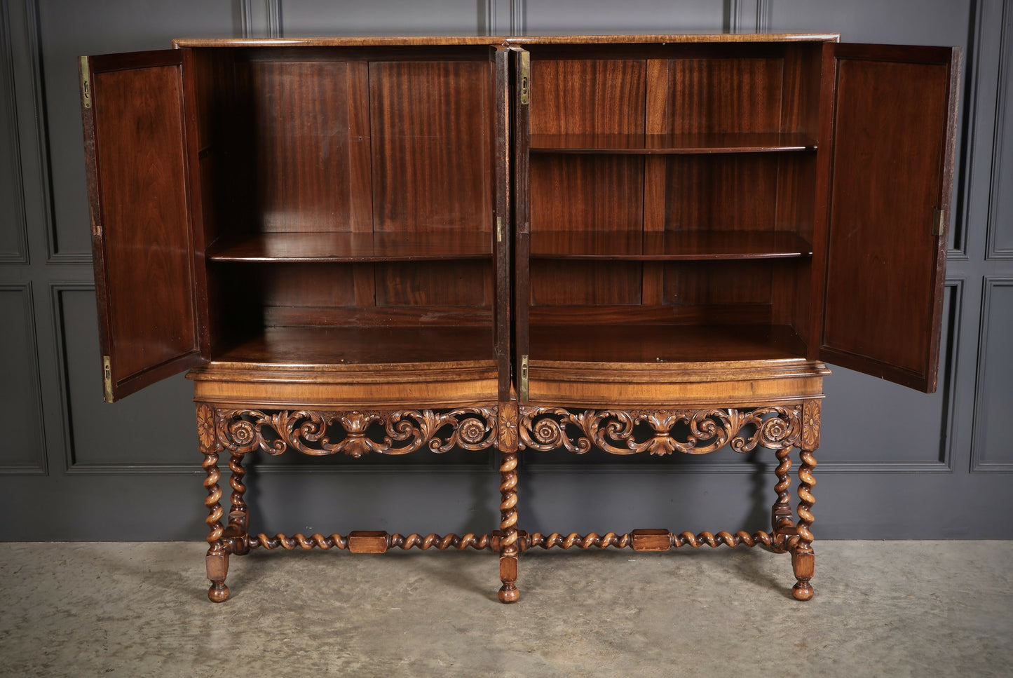 Double Bow Front Burr Walnut Drinks Cocktail Cabinet