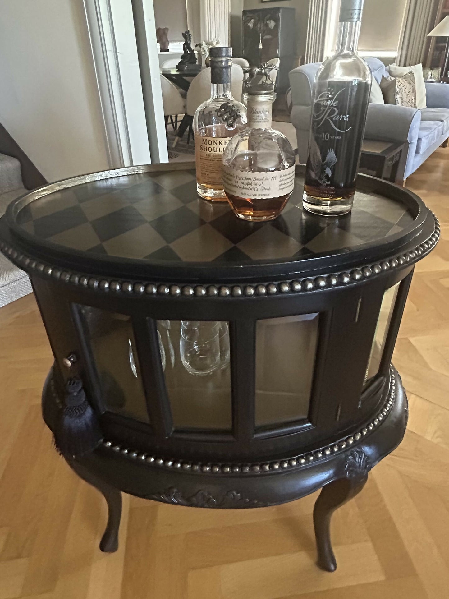 Drinks Cabinet. Handpainted, small oval glazed cabinet. Black/Gold