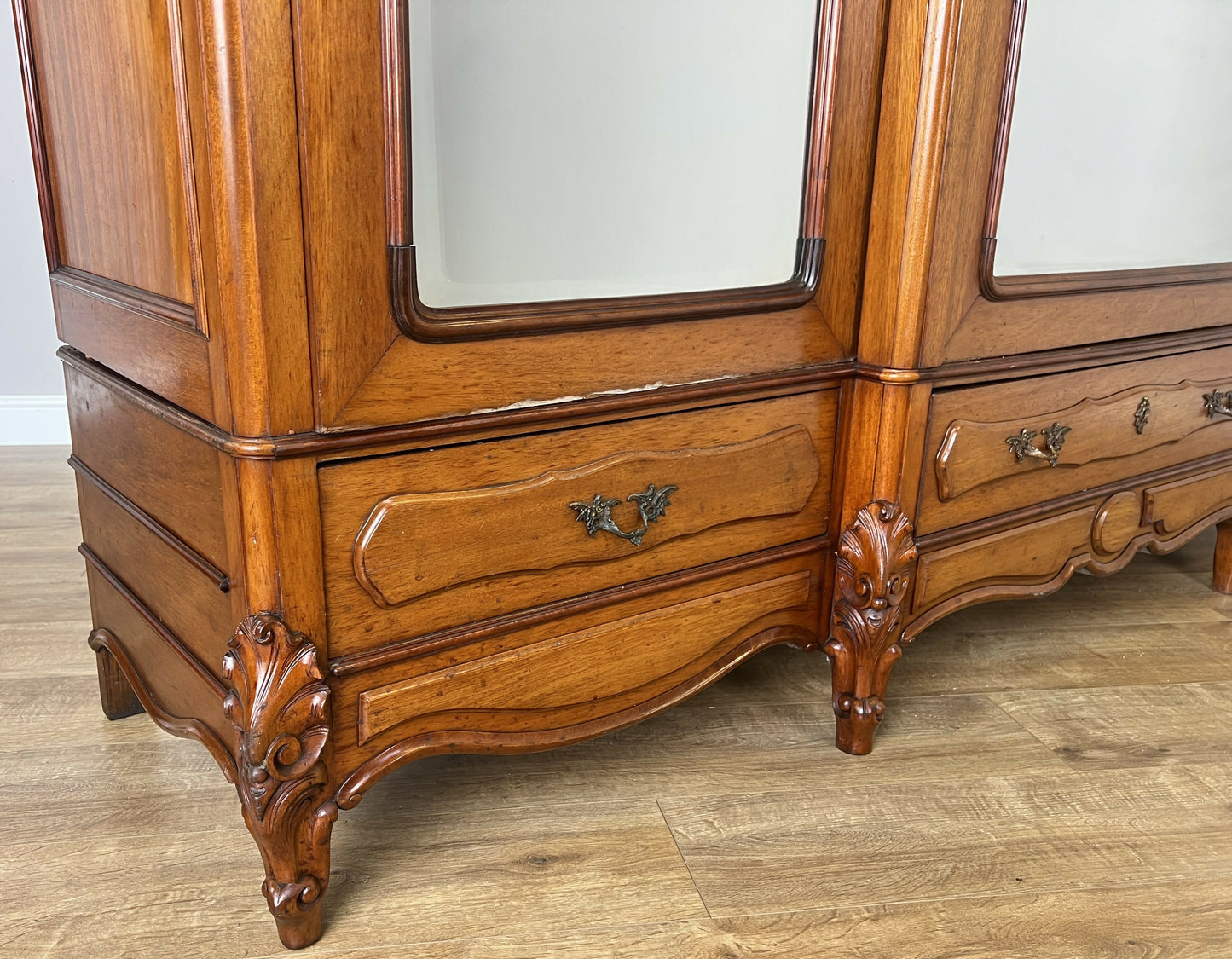 Wardrobe Antique French Mahogany Three Door Mirrored Carved Armoire LOT 6127