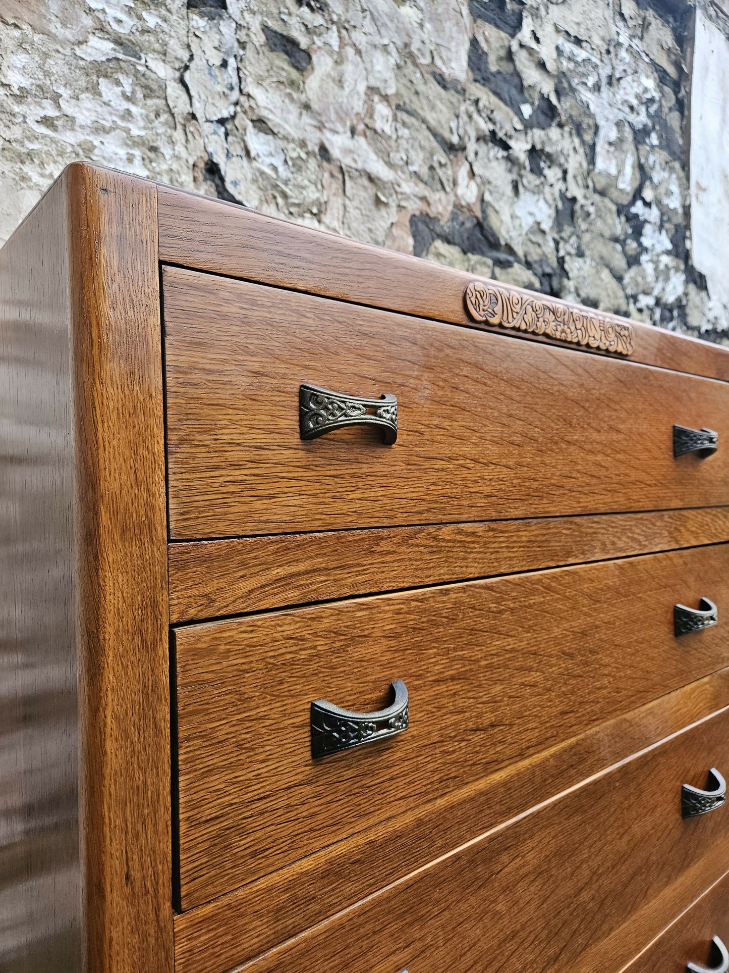 Vintage Oak Tallboy Chest of Drawers: Antique Cabinet with Detailing Five Drawer