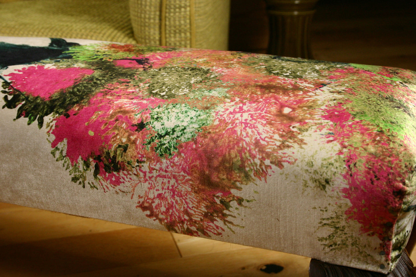 Maple & Co Oversized Antique c1900 Bench Footstool in Timorous Beasties Pinyin Tree Velvet