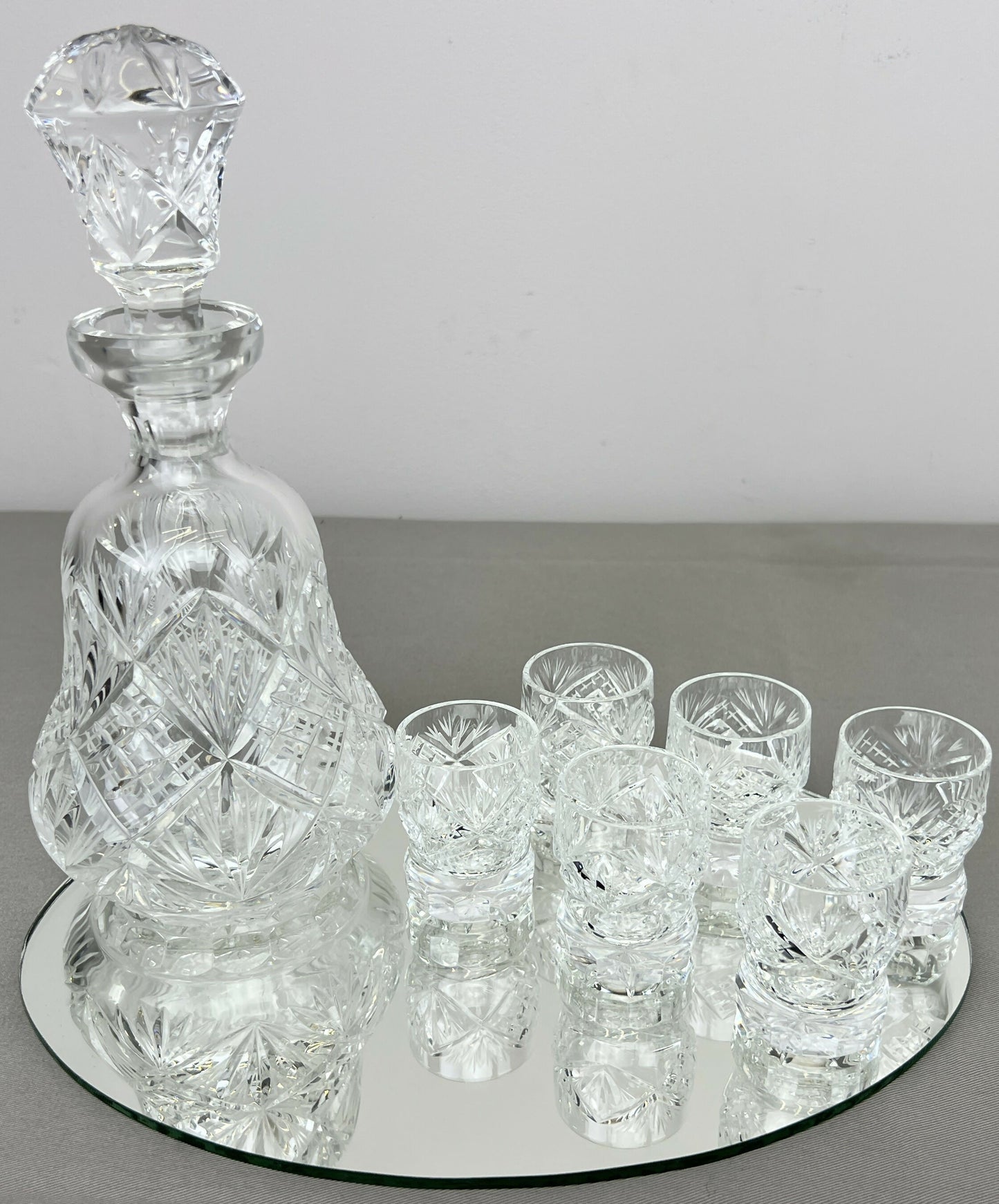 Carafe Set Vintage Style Crystal Cut 6 Shot Glasses and Tray LOT 6436