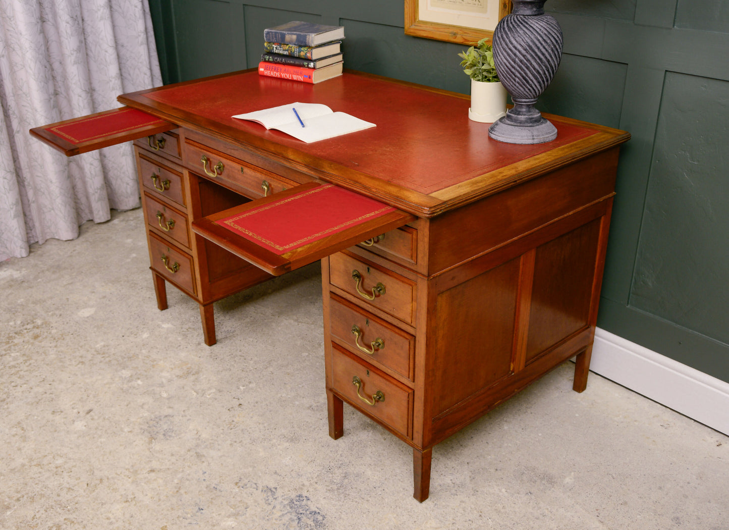 Art Deco Walnut Pedestal Desk with Red Leather Top - Cooke's of Finsbury