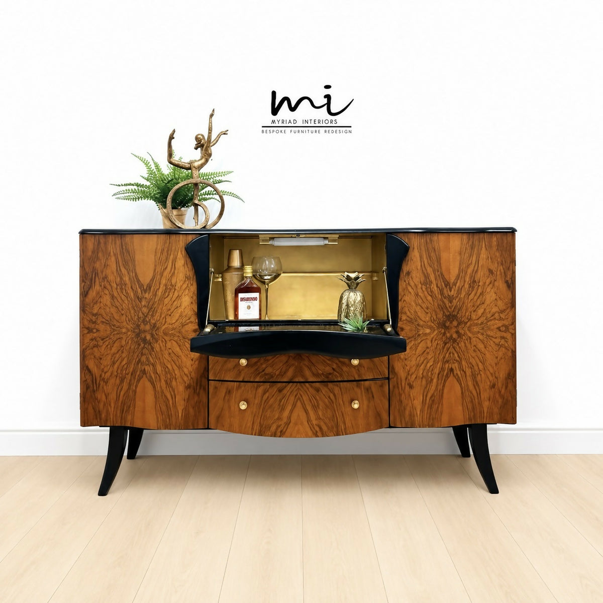 Refurbished Burr Walnut and Black Stonehill Art Deco Cocktail Cabinet, Drinks Cabinet, Vintage Sideboard, Gin Bar