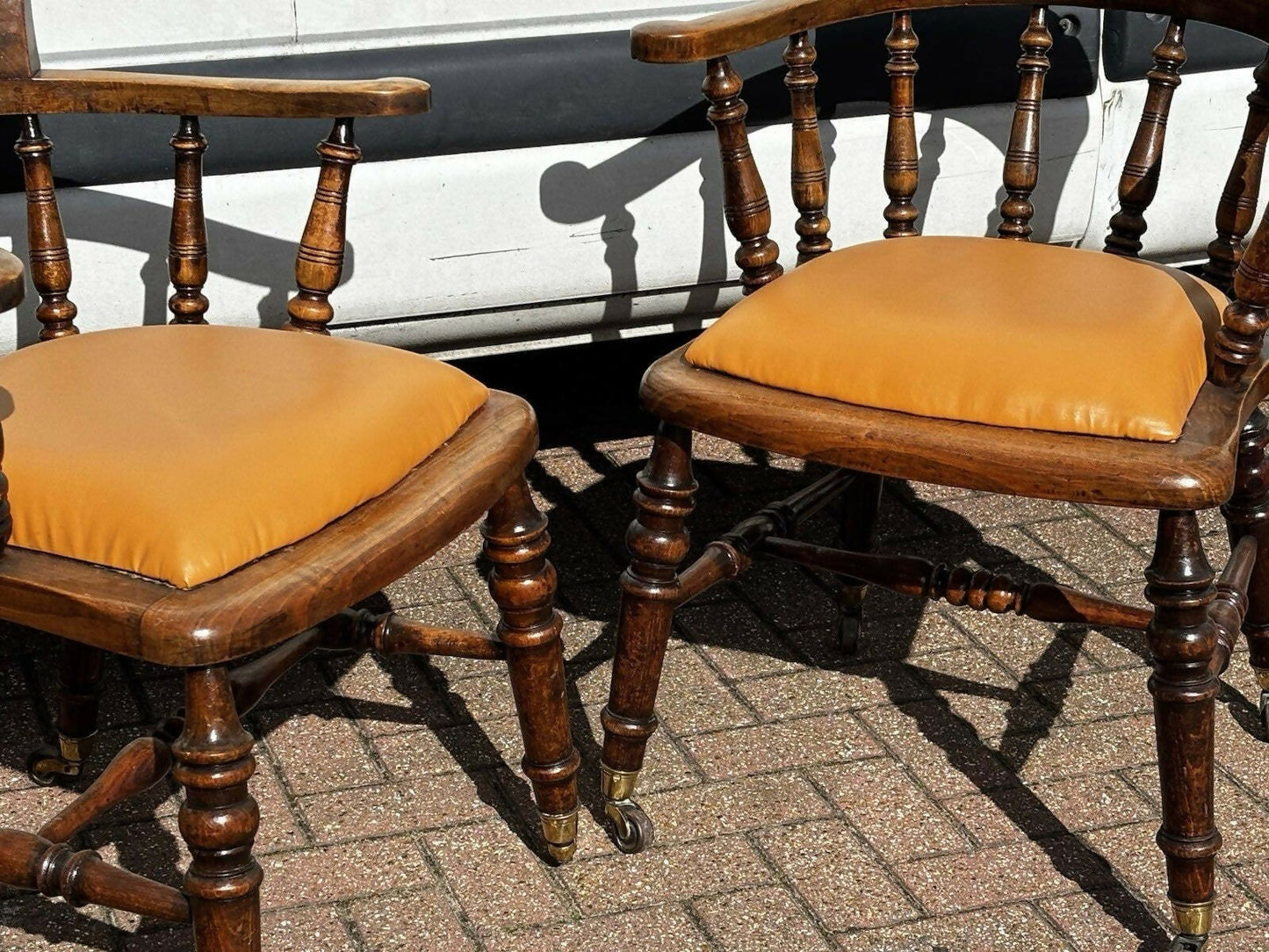 Victorian Vintage Pair Of Library Armchairs, On Brass Castors, Good Quality Examples.