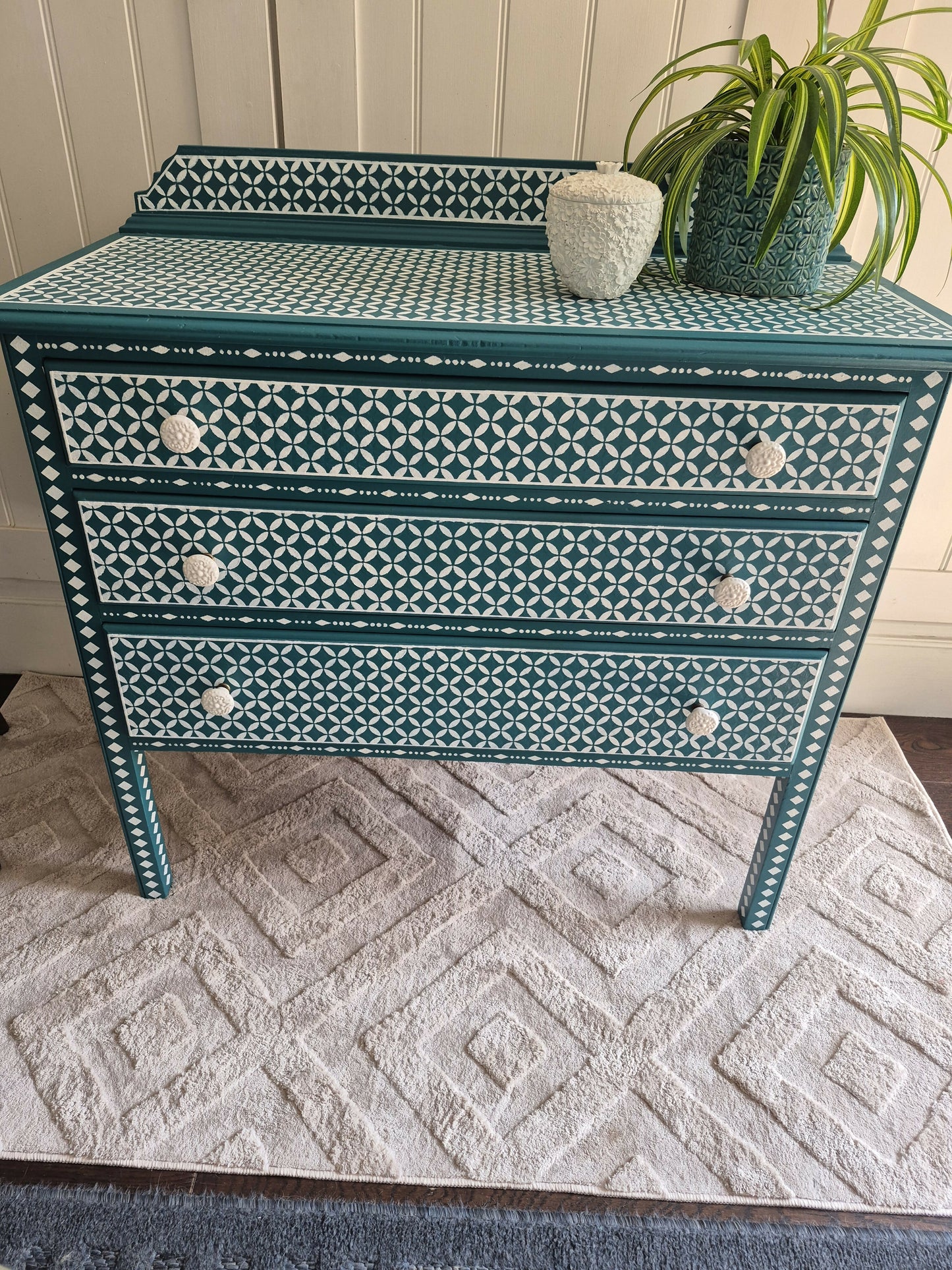 SOLD - Hand Painted Vintage Chest of Drawers: Hand-Stencilled Indian Inlay Inspired Furniture