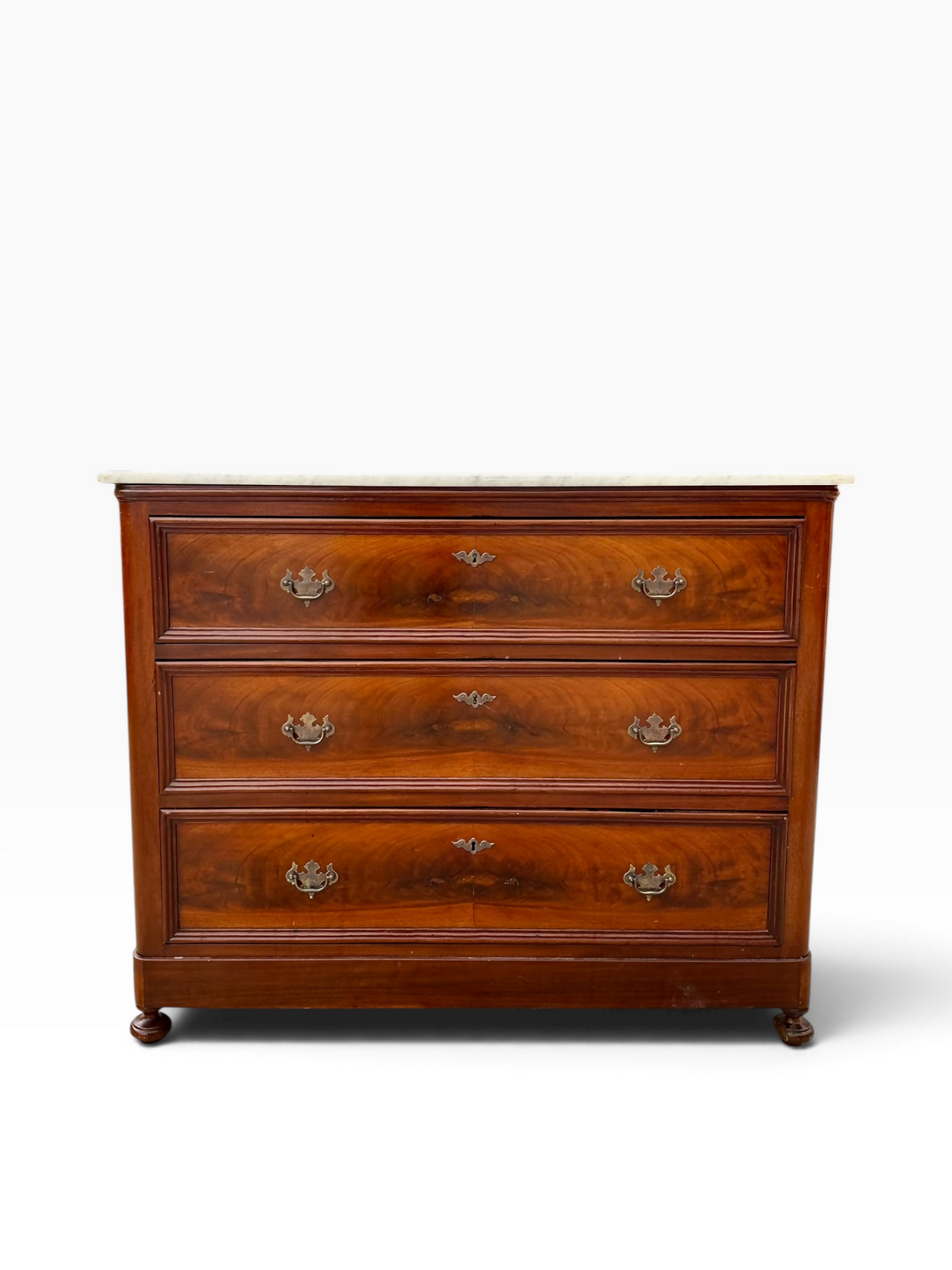 Antique Flame Mahogany Louis XVI Style Marble Top chest of drawers