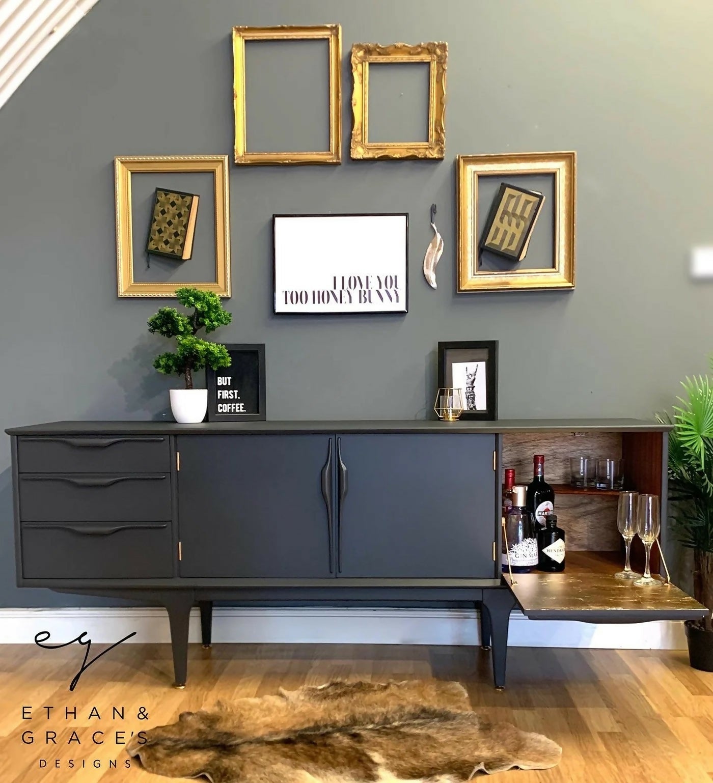 Jentique teak sideboard in dark grey and gold leaf