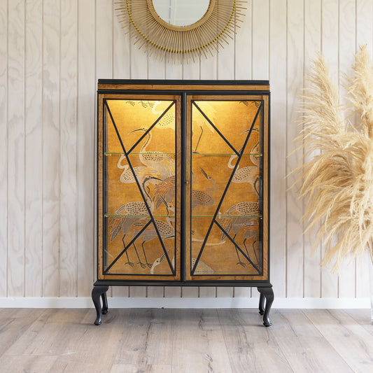 Professionally finished stunning Art Deco drinks cabinet, distinguished by its unique diamond frontage and crane fabric in ochre and grey. Sold, commission available.